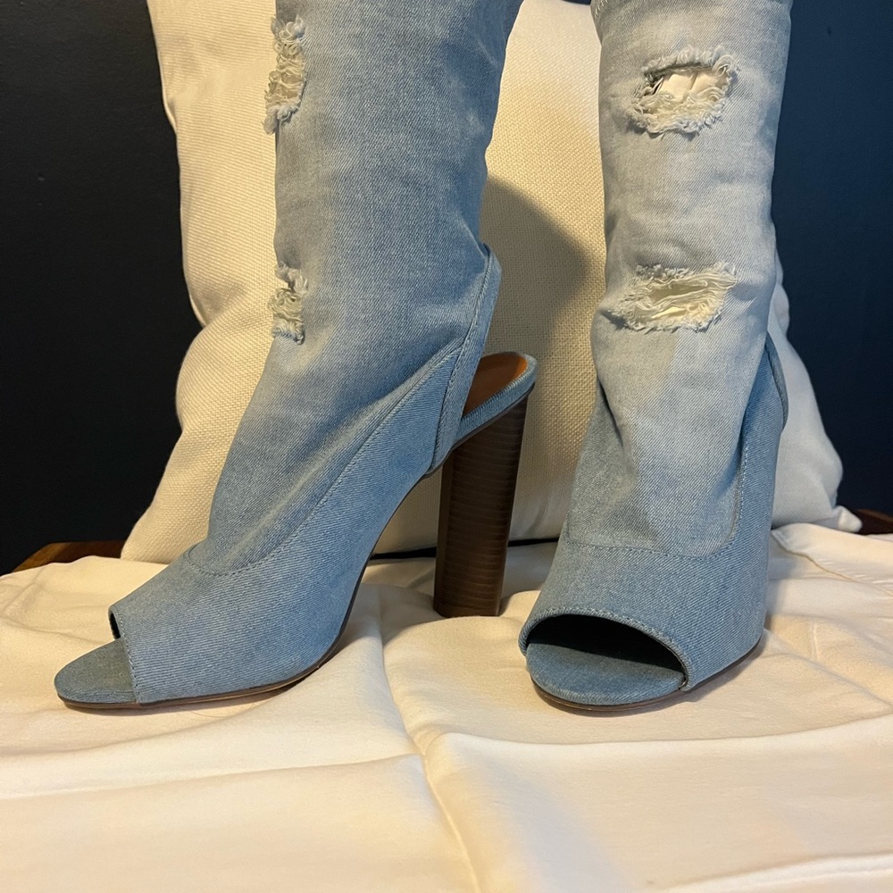 Denim booties